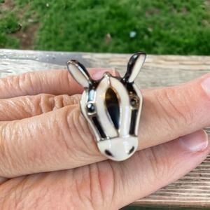 Vintage Enamel & Silver Zebra Head Ring - Black and White Size is a 6.5 to 6.75
